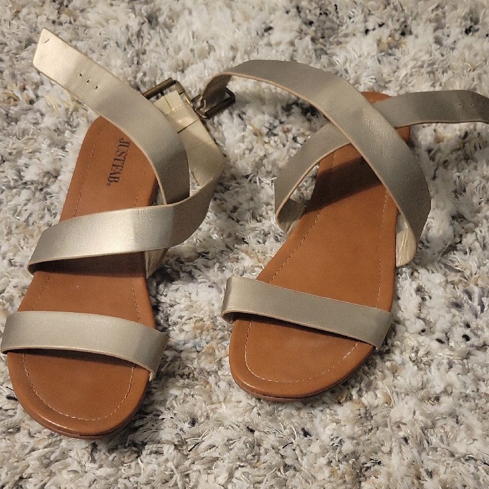 JustFab Metallic Taupe Crisscross Flat Sandals